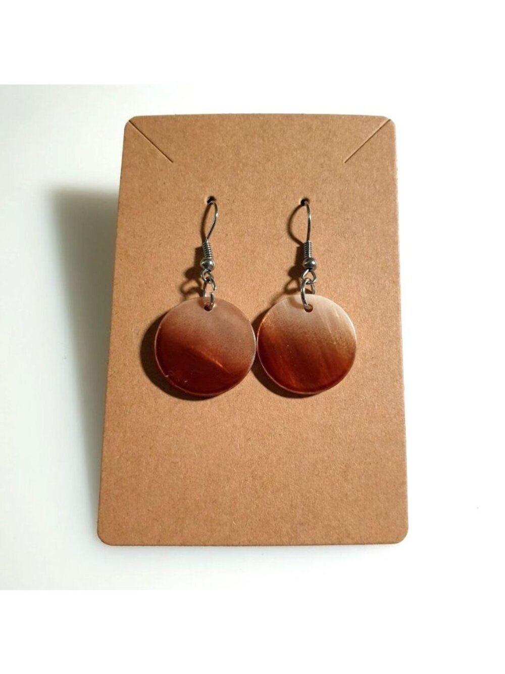 Brown Mother Of Pearl Shell Dangle Drop Earrings Lightweight Round Hook Clasps
